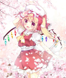 Rule 34 | 1girl, :d, arm up, blonde hair, blush, bow, cherry blossoms, commentary request, crystal, fang, flandre scarlet, flower, hair between eyes, hair bow, hat, head tilt, looking at viewer, mob cap, one side up, open mouth, petals, pink flower, puffy short sleeves, puffy sleeves, red bow, red eyes, red skirt, red vest, rikatan, shirt, short sleeves, skirt, skirt set, smile, solo, touhou, vest, white hat, white shirt, wings, wrist cuffs