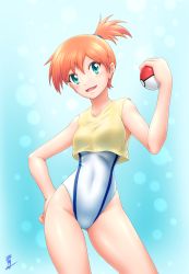 Rule 34 | 1girl, aozame takao, blue background, competition swimsuit, contrapposto, cowboy shot, creatures (company), crop top, female focus, game freak, gluteal fold, gradient background, hand on own hip, highres, looking at viewer, misty (pokemon), nintendo, one-piece swimsuit, open mouth, orange hair, poke ball, poke ball (basic), pokemon, pokemon hgss, pokemon rgby, print swimsuit, shirt, short hair, side ponytail, signature, sleeveless, sleeveless shirt, solo, standing, swimsuit, swimsuit under clothes, thighs, white one-piece swimsuit, yellow shirt