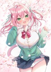 Rule 34 | 1girl, :d, ahoge, animal ears, black skirt, blush, breasts, cardigan, cat ears, cat girl, cat tail, cherry blossoms, clothes lift, collared shirt, commentary request, crossed bangs, fang, green cardigan, green eyes, hair between eyes, hair ribbon, hamico, highres, large breasts, long hair, looking at viewer, open mouth, original, panties, pantyshot, pink hair, pleated skirt, ribbon, school uniform, shirt, skirt, skirt lift, smile, solo, tail, underwear, uniform, white panties, white shirt, wind, wind lift