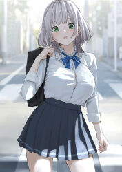 Rule 34 | 1girl, bag, blunt bangs, braid, breasts, green eyes, grey hair, highres, hololive, large breasts, looking at viewer, mitsuru (pixiv 34028718), open mouth, outdoors, pleated skirt, road, school uniform, shirogane noel, shirt, short hair, skirt, sleeves rolled up, solo, virtual youtuber, white shirt