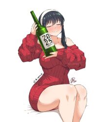 1girl 2025 black_hair blush bottle closed_eyes closed_mouth dress hairband holding holding_bottle jk_arts new_year red_sweater simple_background smile solo spy_x_family sweater sweater_dress white_background white_hairband wine_bottle yor_briar