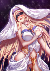 Rule 34 | 10s, 1girl, bad id, bad pixiv id, bare shoulders, blindfold, blonde hair, blush, grabbing another&#039;s breast, breasts, chao wu xing xian, covered erect nipples, cowboy shot, cross, cross necklace, dress, goblin slayer!, grabbing, highres, jewelry, large breasts, long hair, necklace, no bra, open mouth, panties, saliva, sleeveless, sleeveless dress, solo, sword maiden, underwear, veil, very long hair, white dress, white panties