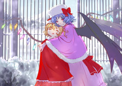 Rule 34 | 2girls, alternate headwear, bat wings, blonde hair, blue hair, capelet, catofrage, crystal, dress, closed eyes, flandre scarlet, hat, hat ribbon, hug, looking at viewer, multiple girls, open mouth, red eyes, remilia scarlet, ribbon, short hair, siblings, side ponytail, sisters, smile, snow, snowing, touhou, wings, winter clothes