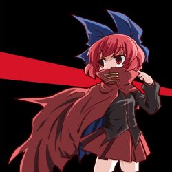Rule 34 | 1girl, aratami isse, bow, cape, covered mouth, hair bow, red eyes, red hair, sekibanki, shirt, short hair, skirt, touhou