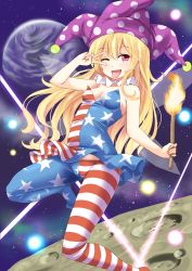 Rule 34 | 1girl, adapted costume, american flag, american flag dress, american flag legwear, blonde hair, blush, breasts, clownpiece, dress, earth (planet), fairy wings, gradient background, hat, jester cap, long hair, looking at viewer, moon, one eye closed, open mouth, pantyhose, pink eyes, planet, polka dot, red eyes, shimouki izui, short dress, short hair, short sleeves, sleeveless, sleeveless dress, small breasts, smile, solo, space, star (symbol), strapless, strapless dress, striped clothes, striped dress, tongue, tongue out, torch, touhou, upskirt, v, wings