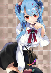 Rule 34 | 1girl, absurdres, alternate costume, alternate hairstyle, blue hair, blush, breasts, center frills, closed mouth, collared shirt, commentary request, frills, highres, hinanawi tenshi, large breasts, long hair, long sleeves, looking at viewer, neck ribbon, red eyes, red ribbon, ribbon, shirt, solo, tetsurou (fe+), touhou, two side up