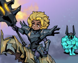 Rule 34 | 1boy, 1girl, :o, armor, black armor, blonde hair, collarbone, colored skin, commentary, dark-skinned female, dark skin, full armor, gauntlets, green eyes, green skin, helm, helmet, holding, holding weapon, horse, invisible animal, league of legends, mordekaiser, multicolored background, muscular, muscular male, nude, phantom ix row, rell (league of legends), shoulder plates, sitting, symbol-only commentary, teardrop, weapon