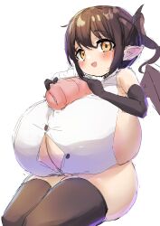 Rule 34 | 1girl, blush, breasts, breasts on lap, brown hair, gigantic breasts, halloween, halloween costume, highres, looking at viewer, oggu (neoguloliko), oppai loli, orange eyes, smile, solo, tagme, thick thighs, thighs, vampire
