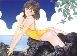 Rule 34 | 1990s (style), 1girl, arm support, ass, brown eyes, brown hair, cloud, dated, day, den&#039;ei shoujo, flat ass, hayakawa moemi, katsura masakazu, leaf, lying, non-web source, ocean, on stomach, one-piece swimsuit, outdoors, red eyes, retro artstyle, short hair, smile, solo, swimsuit, v arms, water, yellow one-piece swimsuit
