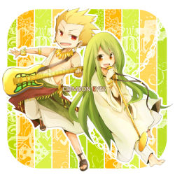 Rule 34 | 2boys, androgynous, blonde hair, bracelet, chibi, english text, enkidu (fate), fate/strange fake, fate (series), gilgamesh (fate), green eyes, green hair, guitar, instrument, jewelry, long hair, male focus, microphone, multiple boys, necklace, official alternate costume, red eyes, robe, sandals, shio kuzumochi, short hair, toga, trap