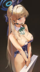 Rule 34 | 1girl, absurdres, animal ears, blonde hair, blue archive, blue eyes, blue leotard, bow, bowtie, breasts, cleavage, cowboy shot, dance arm, detached collar, earphones, fake animal ears, green bow, green bowtie, highres, holding, leotard, long hair, medium breasts, official alternate costume, open mouth, rabbit ears, solo, strapless, strapless leotard, toki (blue archive), toki (bunny) (blue archive)