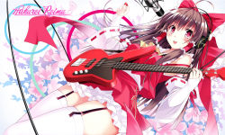 Rule 34 | 1girl, ahoge, ascot, bad id, bad pixiv id, bass guitar, blush, brown hair, character name, detached sleeves, dutch angle, electric guitar, flower, garter straps, guitar, hair ribbon, hair tubes, hakurei reimu, headphones, highres, instrument, japanese clothes, long hair, long sleeves, looking at viewer, microphone, miko, mushroom (artist), musical note, open mouth, quaver, red eyes, ribbon, ribbon-trimmed sleeves, ribbon trim, shirt, skirt, skirt set, smile, solo, thighhighs, touhou, white thighhighs, wide sleeves, zettai ryouiki