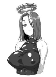 Rule 34 | 1girl, bare shoulders, breasts, bright pupils, closed mouth, covered erect nipples, dekosukentr, greyscale, hair between eyes, halo, highres, kantai collection, large breasts, looking at viewer, mechanical halo, medium hair, monochrome, simple background, smile, solo, sweat, tatsuta (kancolle), white background, white pupils