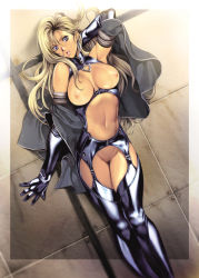 Rule 34 | 1girl, against wall, arm behind head, arm up, armlet, armpits, bare shoulders, black thighhighs, blonde hair, blue eyes, breastless clothes, breasts, breasts apart, breasts out, contrapposto, detached sleeves, dutch angle, earrings, elbow gloves, female pubic hair, framed, garter straps, gloves, hair between eyes, halterneck, highres, homare (fool&#039;s art), hoop earrings, jewelry, large breasts, leather, lips, long hair, looking at viewer, midriff, navel, nipples, original, parted lips, pubic hair, purple eyes, pussy, shiny clothes, sidelocks, solo, standing, tan, tanline, thighhighs, tile wall, tiles, turtleneck, very long hair, wavy hair