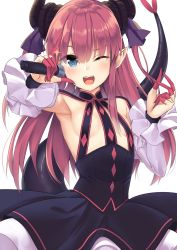 Rule 34 | 1girl, ;d, arm up, armpits, black dress, blue eyes, blush, breasts, curled horns, detached sleeves, dragon tail, dress, elizabeth bathory (fate), elizabeth bathory (fate/extra ccc), elizabeth bathory (first ascension) (fate), fangs, fate/grand order, fate (series), frilled sleeves, frills, hair ribbon, holding, holding microphone, horns, jun project, layered dress, long hair, long sleeves, looking at viewer, microphone, music, one eye closed, open mouth, pink hair, pointy ears, purple ribbon, ribbon, shiny skin, singing, single sidelock, small breasts, smile, solo, sparkle, tail, teeth, upper body, upper teeth only