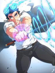 Rule 34 | 1boy, bara, belt, blue fire, blue hair, closed mouth, cowboy shot, fangs, fiery horns, fighting stance, fire, glowing, glowing eye, gradient background, grey eyes, highres, holding, holding sword, holding weapon, horns, jacket, jacket on shoulders, katana, light, looking at viewer, male focus, muscular, open hand, pants, pectorals, sakimori toji, scar, school uniform, shirt, short sleeves, simple background, solo, spiked hair, standing, sword, tepen (tptptpn), thick eyebrows, tight clothes, tokyo houkago summoners, upper body, veins, weapon, white shirt