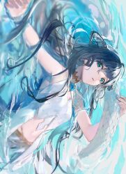 Rule 34 | 1girl, aqua eyes, bare shoulders, blue brooch, blue hair, blue theme, brooch, commentary, highres, jewelry, long hair, looking at viewer, lying, midriff, navel, on back, original, parted lips, partially submerged, punu 26, sleeveless, solo, water