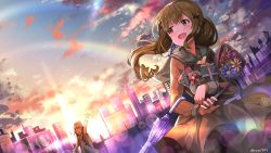 Rule 34 | 2girls, :d, ^ ^, bang dream!, birthday, blonde hair, bouquet, box, brown dress, brown hair, cityscape, closed eyes, cloud, commentary request, dress, flower, gift, gift box, guitar case, hair ornament, hanasakigawa school uniform, hiroki (yyqw7151), holding, holding gift, ichigaya arisa, instrument case, lens flare, lens flare abuse, long sleeves, looking back, multiple girls, neck ribbon, open mouth, outdoors, rainbow, ribbon, sailor dress, school uniform, sidelocks, sky, smile, sparkle, toyama kasumi, twilight, twintails, twitter username, umbrella, umbrella on arm, waving, x hair ornament, yellow eyes
