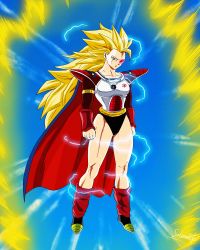 Rule 34 | 1girl, armor, blonde hair, boots, breasts, cape, commission, dragon ball, dragonball z, electricity, female focus, full body, green eyes, highres, jewelry, long hair, long sleeves, looking at viewer, muscular, muscular female, necklace, original, pink-tinted eyewear, saiyan armor, salvamakoto, scouter, sky, solo, super saiyan, super saiyan 3, tagme, tail, tarin (salvamakoto), thighs, tinted eyewear, very long hair