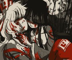 Rule 34 | 2girls, april addaline, arm belt, bamboo, bamboo forest, belt, belt buckle, blood, blood on clothes, blood on face, blood on hands, blunt bangs, blush, bow, bowtie, buckle, closed eyes, collared shrug, commentary, crying, english commentary, eyelashes, feet out of frame, floral print, forest, frown, fujiwara no mokou, full moon, greyscale, hair bow, highres, hime cut, houraisan kaguya, juliet sleeves, knee up, long sleeves, monochrome, moon, multiple girls, nature, night, ofuda, ofuda on clothes, outdoors, pants, parted bangs, parted lips, puffy sleeves, red belt, red bow, red bowtie, red pants, single sidelock, smile, smoke, straight-on, strangling, strap slip, streaming tears, suspenders, tears, teeth, touhou, upper body, wide sleeves, yuri