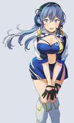 Rule 34 | 1girl, bandeau, blue bandeau, blue eyes, blue hair, blue skirt, blush, breasts, cleavage, cropped jacket, feet out of frame, gotland (kancolle), grey background, hair between eyes, headphones, jacket, kantai collection, kasumi (skchkko), large breasts, long hair, midriff, mole, mole under eye, navel, open mouth, race queen, short sleeves, simple background, skirt, smile, solo, white jacket