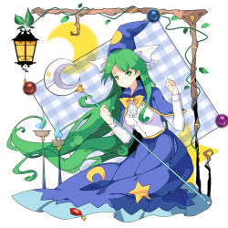 Rule 34 | 1girl, blue skirt, bow, breasts, candlelight, capelet, commentary, crescent moon, expressionless, gem, green hair, hat, hat bow, highres, holding, holding staff, ideolo (style), lantern, long hair, long sleeves, medium breasts, mima (touhou), moon, no nose, parody, plant, shirt, skirt, solo, staff, star (symbol), star print, style parody, sun print, touhou, touhou (pc-98), very long hair, vines, white background, white shirt, witch hat, yorktown cv-5