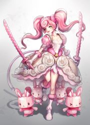 Rule 34 | 1girl, bad id, bad pixiv id, boots, breasts, rabbit, cleavage, double-blade, dress, dual wielding, gloves, holding, original, pink hair, princess, solo, sword, terong, twintails, warrior, weapon