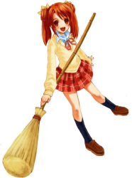 Rule 34 | 00s, 1girl, broom, mahou sensei negima!, pleated skirt, sakura mei, school uniform, simple background, skirt, smile, solo, twintails, white background