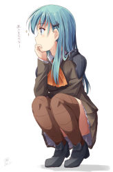 Rule 34 | 10s, 1girl, aqua eyes, aqua hair, ascot, black footwear, blush, brown jacket, brown skirt, brown thighhighs, frilled skirt, frills, full body, hand on own chin, jacket, kantai collection, loafers, long hair, long sleeves, looking to the side, panties, pantyshot, pleated skirt, profile, school uniform, shoes, shoulder pads, signature, simple background, skirt, solo, sparkle, squatting, suzuya (kancolle), thighhighs, translated, tri, twitter username, underwear, white background, white panties