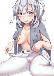 Rule 34 | 1girl, absurdres, blue eyes, blush, breasts, clothes lift, collarbone, grey jacket, heart, highres, jacket, kantai collection, kiritto, large breasts, looking at viewer, naked jacket, navel, one side up, open clothes, open jacket, pantyhose, pleated skirt, sidelocks, silver hair, simple background, skirt, skirt lift, smile, solo, spoken heart, suzutsuki (kancolle), white background, white pantyhose, white skirt
