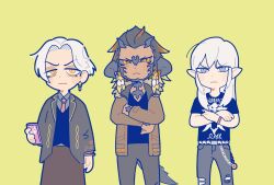 Rule 34 | 3boys, :&lt;, au ra, belt chain, black hair, black horns, black jacket, blue eyes, braid, brown jacket, cellphone, closed mouth, collared jacket, collared shirt, colored sclera, commentary, contemporary, dark-skinned male, dark skin, deformed, denim, elezen, elf, emet-selch, estinien varlineau, feet out of frame, final fantasy, final fantasy xiv, furrowed brow, green background, grey sclera, hand up, hands up, highres, holding, holding phone, horns, hyur, jacket, jeans, long hair, long sleeves, looking at viewer, low horns, magnai oronir, male focus, multicolored eyes, multiple boys, necktie, orange eyes, pants, phone, pointy ears, red necktie, robodumpling, scales, shirt, short hair, sidelocks, simple background, smartphone, standing, symbol-only commentary, tail, torn clothes, torn jeans, torn pants, vest, white hair, yellow eyes