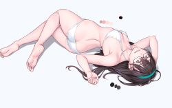 Rule 34 | 1girl, alternate costume, arms up, ass, bare arms, bare legs, bare shoulders, barefoot, bikini, black hair, blush, breasts, butt crack, collarbone, color guide, feet, from above, full body, glasses, green eyes, hairband, highres, kantai collection, long hair, looking at viewer, lying, on side, ooyodo (kancolle), parted lips, semi-rimless eyewear, simple background, small breasts, smile, soles, solo, string bikini, swimsuit, symbol-only commentary, toes, under-rim eyewear, white background, white bikini, yuuji (and)