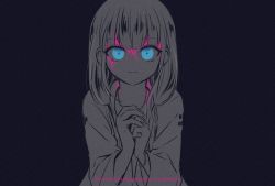 Rule 34 | 108 (toowa), 1girl, blood, blood on clothes, blood on face, blue eyes, collarbone, commentary request, danganronpa (series), danganronpa v3: killing harmony, glowing, hands up, highres, jacket, jewelry, limited palette, long hair, long sleeves, looking at viewer, low twintails, monochrome, necklace, own hands together, smile, solo, spot color, twintails, twitter username, upper body, yonaga angie