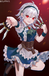 Rule 34 | 1girl, apron, ascot, between fingers, blue dress, blush, braid, breasts, brooch, corset, dress, foot out of frame, foreshortening, gradient background, green ascot, grin, hair between eyes, highres, holding, izayoi sakuya, jewelry, knife, leg strap, lips, looking at viewer, maid headdress, medium breasts, petticoat, puffy short sleeves, puffy sleeves, red background, red eyes, rui45420612, short hair with long locks, short sleeves, silver hair, simple background, smile, solo, standing, standing on one leg, thigh strap, throwing knife, touhou, twin braids, v-shaped eyebrows, waist apron, weapon, white apron
