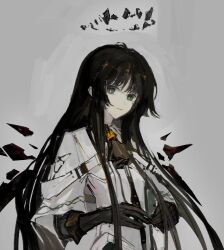 Rule 34 | 1girl, arknights, black eyes, black gloves, black hair, chinese commentary, closed mouth, commentary request, freja678, gloves, grey background, highres, jacket, layered sleeves, long hair, long sleeves, looking at viewer, mole, mole under eye, revision, short over long sleeves, short sleeves, simple background, smile, solo, upper body, very long hair, virtuosa (arknights), white jacket