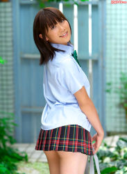 Rule 34 | 1girl, asian, ass, brown hair, chika ayane, from behind, japanese (nationality), looking at viewer, looking back, outdoors, photo (medium), plaid, plaid skirt, pleated skirt, school uniform, short hair, skirt, smile, solo, standing