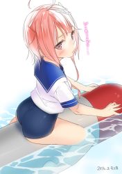 Rule 34 | 10s, 1girl, ahoge, ama mitsuki, bare legs, barefoot, blush, dated, from above, hair ornament, i-58 (kancolle), kantai collection, looking at viewer, pink eyes, pink hair, sailor collar, school swimsuit, short hair, sitting, solo, straddling, swimsuit, swimsuit under clothes, torpedo, translation request, type 95 torpedo, water