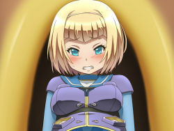 Rule 34 | 1girl, arms at sides, awa, blonde hair, blue eyes, blurry, blurry background, blush, bodysuit, breasts, clenched teeth, hair intakes, hair ornament, hairband, heavy object, looking at viewer, milinda brantini, multicolored clothes, open mouth, short hair, solo, sweat, sweatdrop, teeth, turtleneck, upper body, white hairband