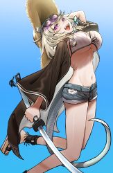 Rule 34 | 1girl, :d, animal ear fluff, animal ears, arknights, bikini, bikini top only, black jacket, blonde hair, blue shorts, blue sky, bouncing breasts, braid, breasts, brown hat, day, eyewear on head, foot out of frame, from side, hat, highres, holding, holding sword, holding weapon, jacket, jewelry, jumping, landl, large breasts, legs, long hair, long sleeves, looking at viewer, looking to the side, midair, navel, necklace, official alternate costume, open clothes, open jacket, open mouth, outdoors, purple eyes, sandals, short shorts, shorts, sky, smile, solo, stomach, straw hat, striped bikini, striped clothes, sunglasses, swimsuit, sword, tail, toenails, toes, twin braids, underboob, utage (arknights), utage (summer flowers) (arknights), vertical-striped bikini, vertical-striped clothes, weapon