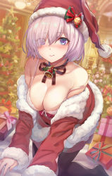 Rule 34 | 1girl, all fours, alternate costume, bare shoulders, bell, black thighhighs, blush, bow, bow bra, bowtie, box, bra, breasts, christmas ornaments, christmas tree, cleavage, closed mouth, collarbone, commentary request, dress, fate/grand order, fate (series), fingernails, fur trim, gift, gift box, hair over one eye, hat, highres, indoors, lips, long sleeves, looking at viewer, mash kyrielight, medium breasts, off shoulder, pom pom (clothes), red dress, ribbon, santa costume, santa hat, short dress, short hair, simple background, solo, thighhighs, torino aqua, underwear