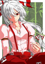 Rule 34 | 1girl, bamboo, bamboo forest, female focus, forest, fujiwara no mokou, hair over one eye, izuna nie, long hair, nature, pants, red eyes, solo, suspenders, touhou, toy, white hair