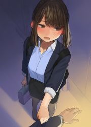 Rule 34 | 1girl, backpack, bag, blue shirt, blush, brown hair, clothes grab, collared shirt, commentary, douki-chan (douki-chan), dress shirt, earrings, embarrassed, formal, from above, ganbare douki-chan, highres, holding, holding bag, jewelry, looking away, office lady, pantyhose, pencil skirt, pov, shirt, shirt tucked in, shopping bag, skirt, skirt suit, sleeve grab, sleeves rolled up, solo focus, suit, yomu (sgt epper)