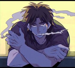 Rule 34 | 1boy, black eyes, black shirt, brown hair, cigarette, commentary request, facial scar, highres, holding, holding cigarette, inudori, itou kaiji, kaiji, leaning forward, long hair, looking at viewer, male focus, medium bangs, open mouth, parted bangs, scar, scar on cheek, scar on face, scar on hand, shirt, short sleeves, smoke, smoking, solo, upper body, yellow background