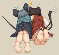 Rule 34 | 2girls, animal ears, bare legs, barefoot, black dress, brown hair, capelet, cat ears, cat tail, chagamaka, chen, dress, feet, feet up, flying sweatdrops, foot focus, frills, from behind, grey background, grey hair, heart, highres, long sleeves, lying, mouse ears, mouse tail, multiple girls, multiple tails, nazrin, nekomata, no headwear, on stomach, petite, petticoat, red dress, short hair, side-by-side, simple background, soles, tail, touhou, two tails