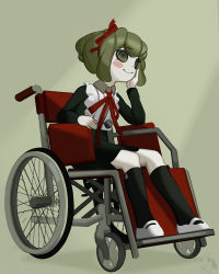Rule 34 | 1girl, arm on own head, armrest, black dress, black footwear, blush, bow, calf socks, chair, child, collared shirt, danganronpa (series), danganronpa another episode: ultra despair girls, dress, frilled dress, frills, full body, green background, green eyes, green hair, hair bow, hair ribbon, headwear request, knees, legs, looking at viewer, mary janes, matching hair/eyes, medium hair, neck ribbon, on chair, pale skin, red bow, red headwear, red ribbon, ribbon, shirt, shoes, simple background, sitting, smile, tire, towa monaca, wheel, wheelchair, white footwear