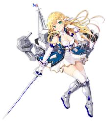 Rule 34 | 1girl, armpit peek, azur lane, blonde hair, blush, boots, braid, breasts, cannon, cleavage, cleavage cutout, clock, clothing cutout, detached collar, dress, elbow gloves, fingerless gloves, floating hair, forbin (azur lane), french flag, full body, gloves, green eyes, hair ornament, hair ribbon, hand up, head tilt, holding, holding sword, holding weapon, jacket, looking at viewer, machinery, mast, medium breasts, armored boots, official art, outstretched arms, parted lips, ribbon, rigging, shiny skin, short dress, skindentation, sleeveless, sleeveless jacket, solo, standing, standing on one leg, sword, thighhighs, torpedo, torpedo launcher, torpedo tubes, transparent background, turret, unsheathed, weapon, white dress, white gloves, white thighhighs, yano mitsuki (nanairo)
