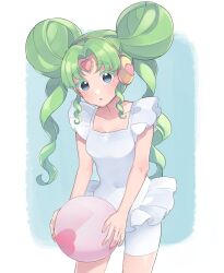 Rule 34 | 1girl, ball, beachball, breasts, colored eyelashes, commentary request, covered navel, cowboy shot, double bun, dress swimsuit, falulu, falulu (awakened), forehead jewel, green hair, grey eyes, hair bun, highres, holding, holding ball, holding beachball, leaning forward, long hair, looking at viewer, medium breasts, open mouth, parted bangs, pretty series, pripara, shiyurinpu, sidelocks, solo, standing, twintails