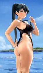 Rule 34 | 1girl, ass, bare shoulders, beach, black hair, black one-piece swimsuit, blue eyes, blue sky, breasts, highleg, highleg swimsuit, highres, houshou (kancolle), kantai collection, large breasts, long hair, looking at viewer, one-piece swimsuit, ponytail, sky, smile, solo, swimsuit, thighs, wa (genryusui)
