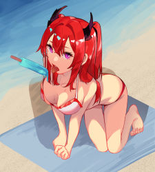 Rule 34 | 1girl, arknights, barefoot, beach, bikini, breasts, cleavage, food, full body, hair ornament, hairclip, hands on floor, highres, horns, ice cream, kneeling, legs, long hair, looking at viewer, medium breasts, open mouth, purple eyes, red hair, sand, solo, surtr (arknights), sweat, swimsuit, talnory, tongue, tongue out, twintails, water, white bikini