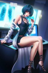 Rule 34 | 10s, 1girl, armpits, artist name, bare legs, bare shoulders, belt, blue hair, bowl cut, breasts, brown eyes, choker, cleavage, collar, computer, dress, full body, high heels, jesika barinque, jewelry, lab coat, crossed legs, long sleeves, looking at viewer, medium breasts, monitor, nail polish, necklace, off shoulder, pen, persona, persona 5, platform heels, red nails, sakuyasworld, short hair, signature, sitting, strappy heels, studded collar, takemi tae, tongue, tongue out, x-ray